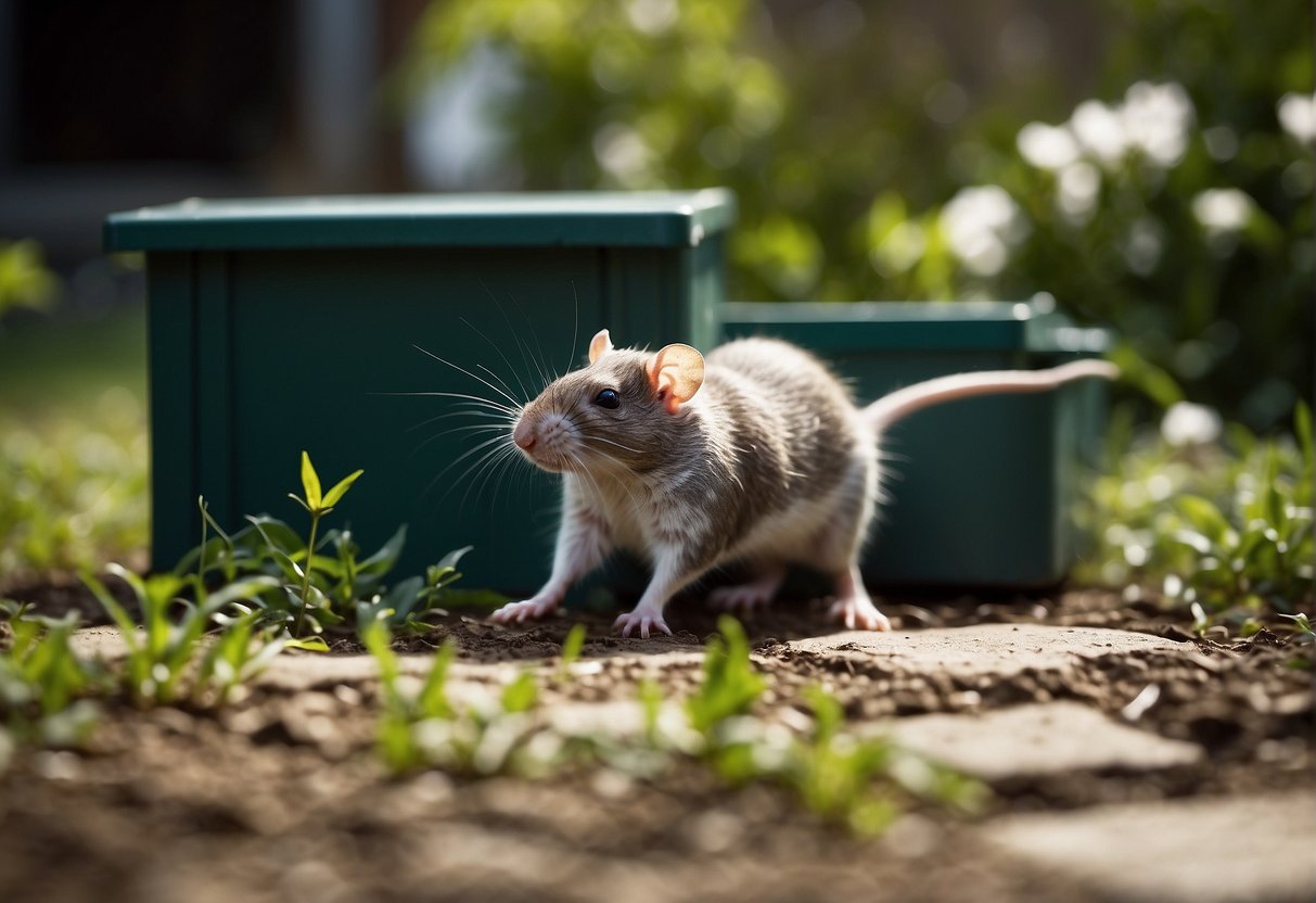 A sturdy metal trap snaps shut on a rat outside near a garbage bin. A motion-activated sprinkler sprays water at a rat in a garden