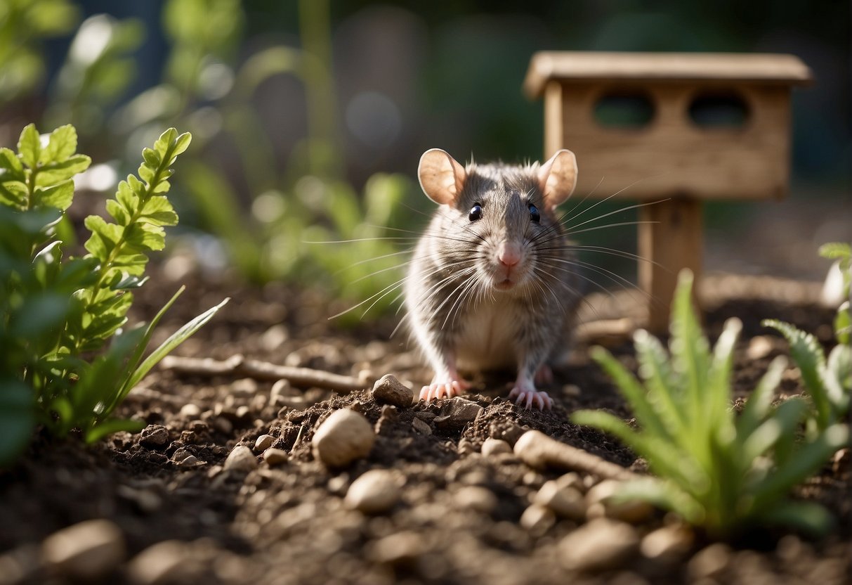 A garden with rat traps and bait stations scattered around, surrounded by signs of rat activity such as chewed plants and burrow holes