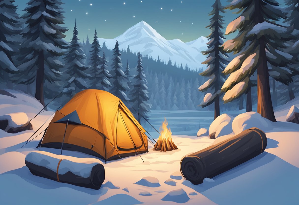 A snowy campsite with a tent surrounded by tall snow-capped trees. A pile of heavy-duty, insulated sleeping bags sits next to a crackling campfire