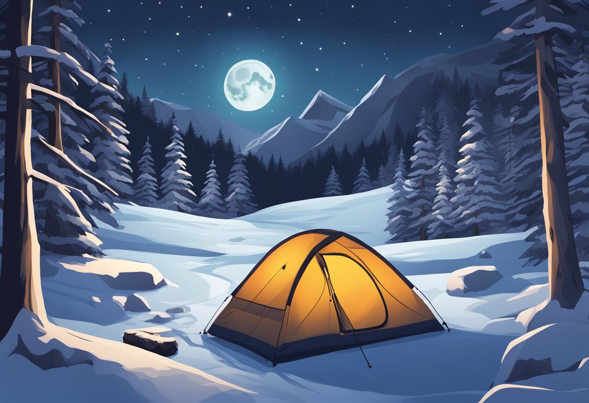 A snowy campsite with a tent surrounded by snow-covered trees, a clear night sky with a full moon, and a glowing campfire next to a pile of "best sleeping bags for cold weather"