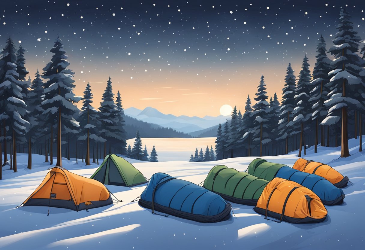 A group of winter camping sleeping bags lay spread out in a snowy landscape, surrounded by tall pine trees and a clear, starry sky above