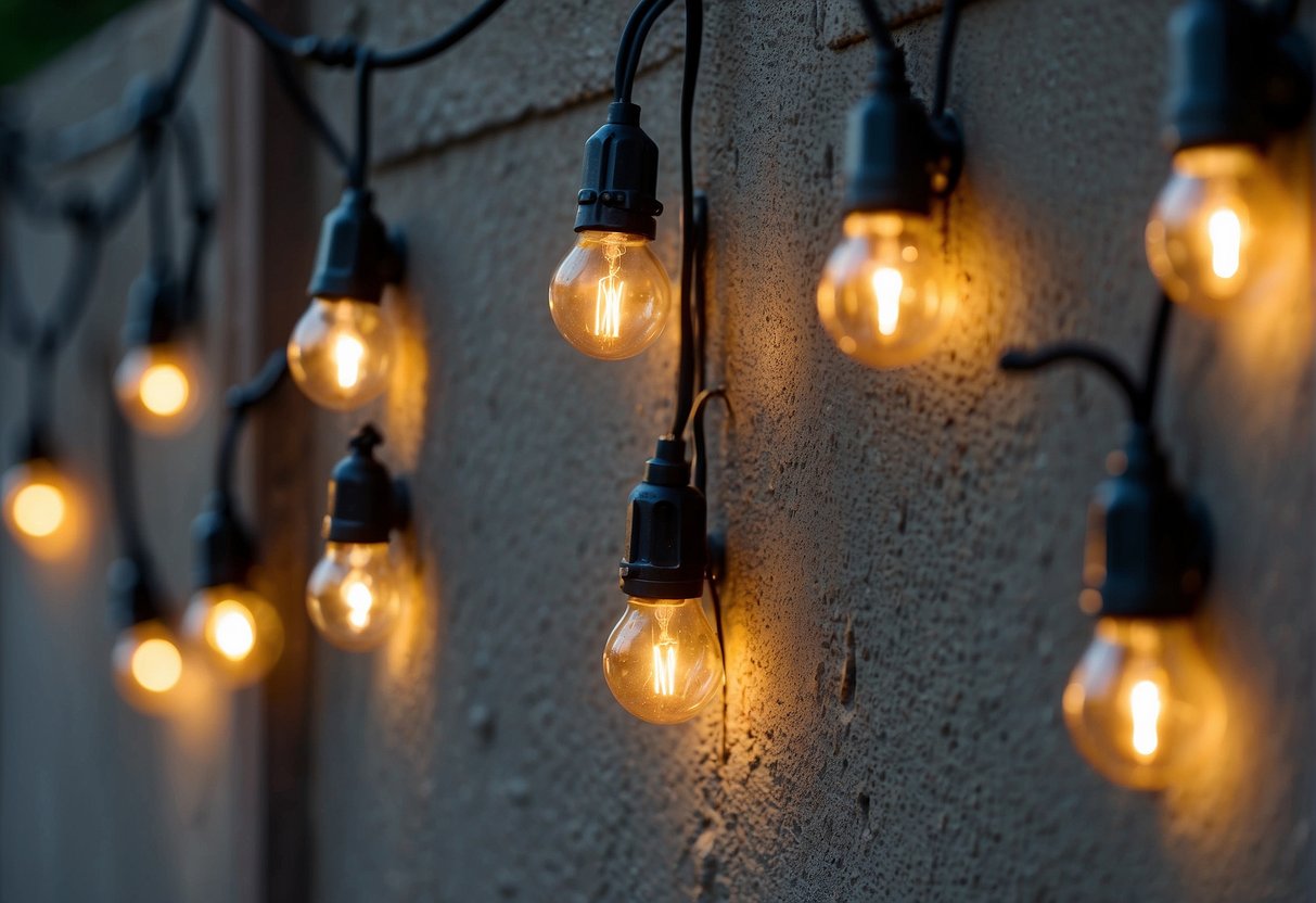 Concrete wall with outdoor string lights. Drill holes, insert anchors, and secure hooks. Hang lights, ensuring even spacing and secure connections