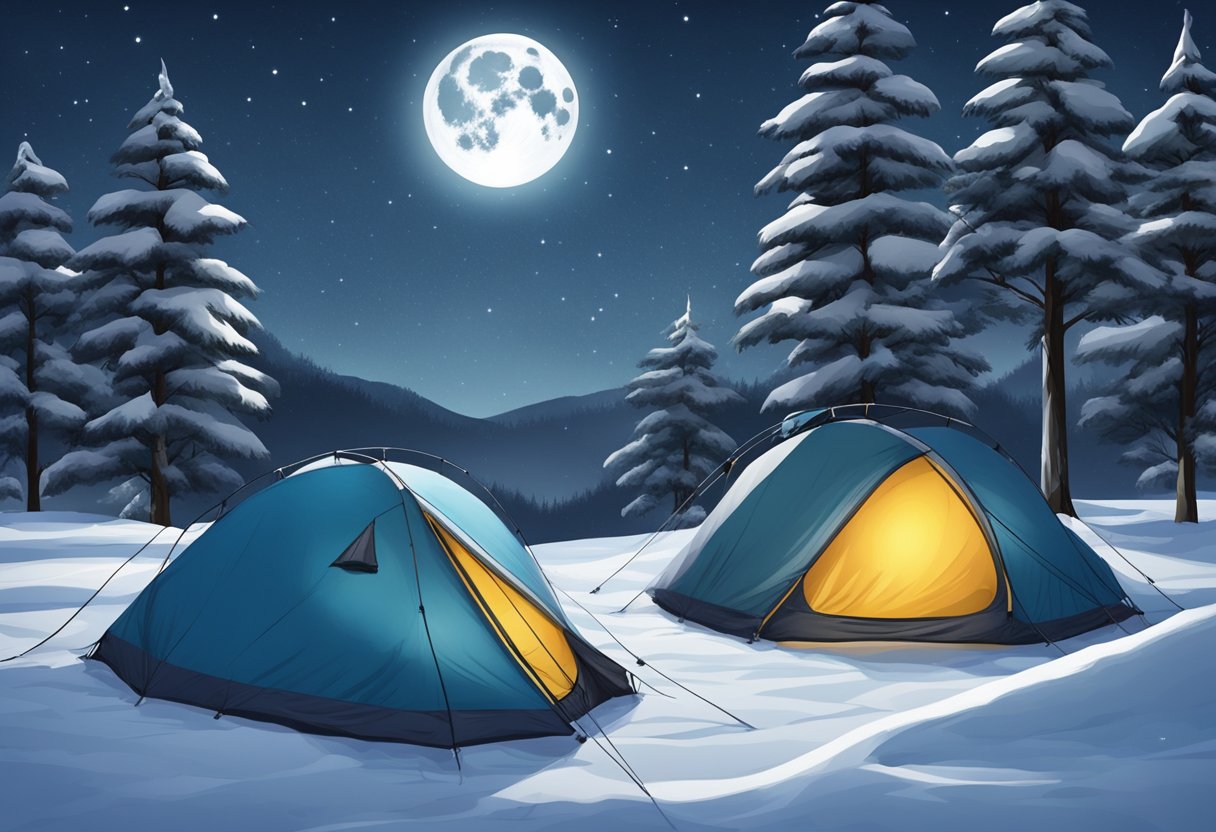 Two sleeping bags zipped up inside a tent, surrounded by snow and icicles, with a clear night sky and a full moon shining overhead