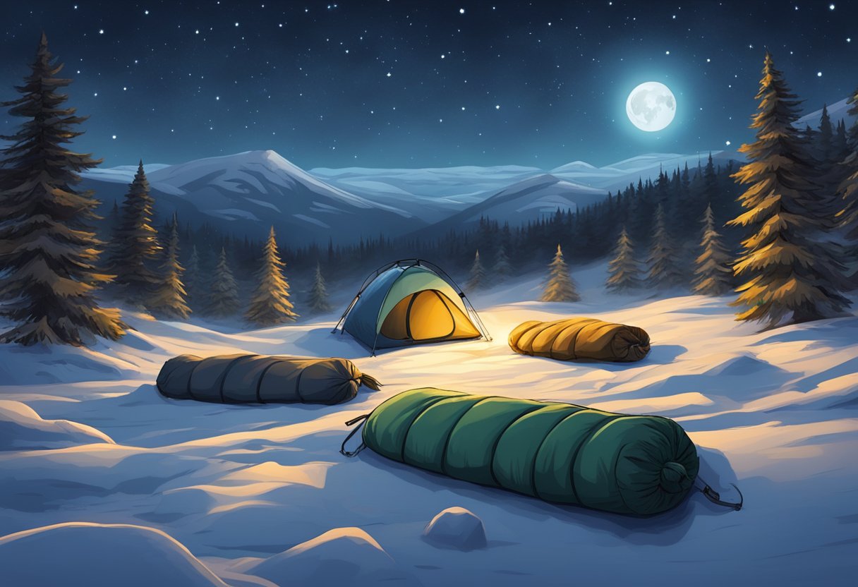 A group of extreme cold sleeping bags laid out in a snowy wilderness, with a backdrop of a starry night sky and a glowing campfire