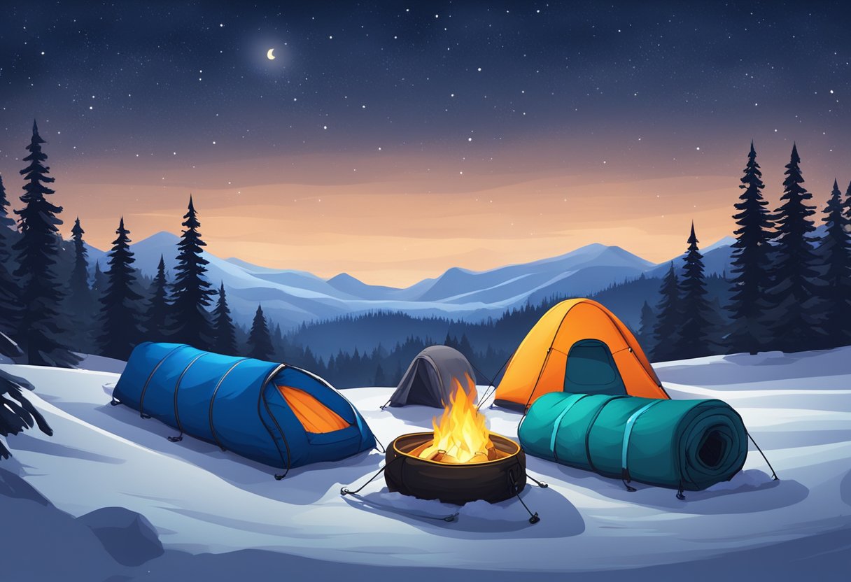 A group of Sub-Zero Sleeping Bags arranged in a snowy campsite, with a backdrop of a starry night sky and a glowing campfire