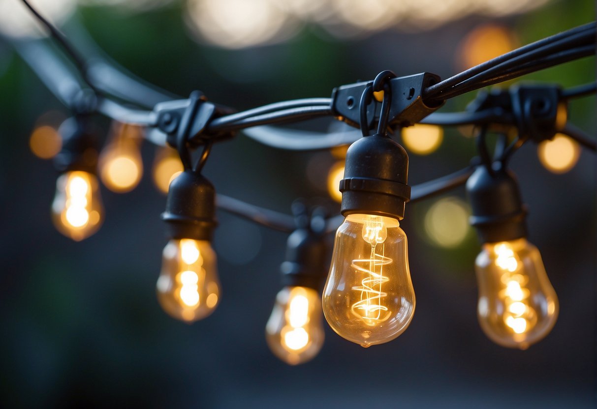 Outdoor string lights are being hung on concrete using proper electrical safety measures and power setup