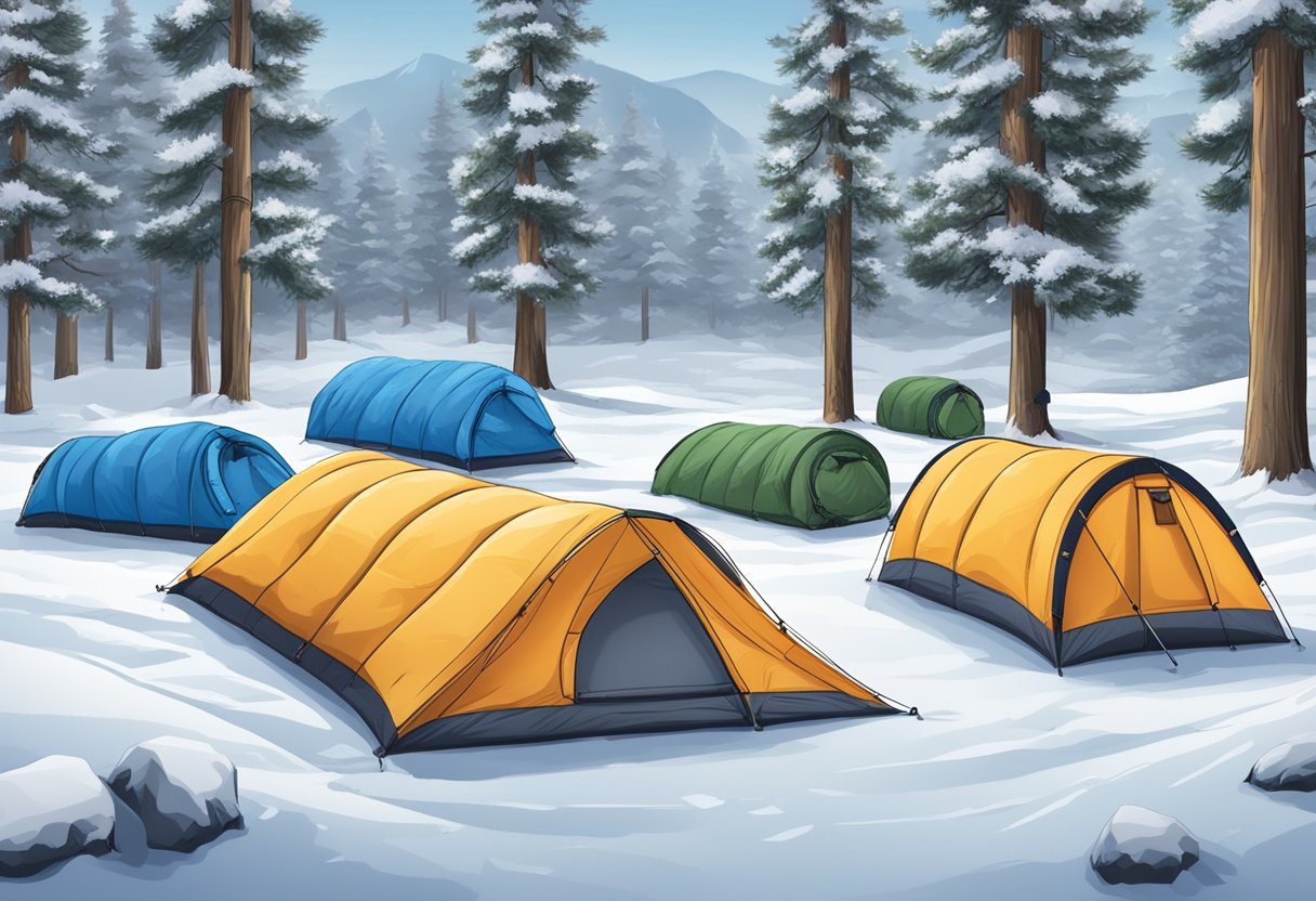 A group of sleeping bags labeled "best for cold weather", "winter camping", and "extreme cold" arranged on a snowy campsite with frost-covered trees in the background