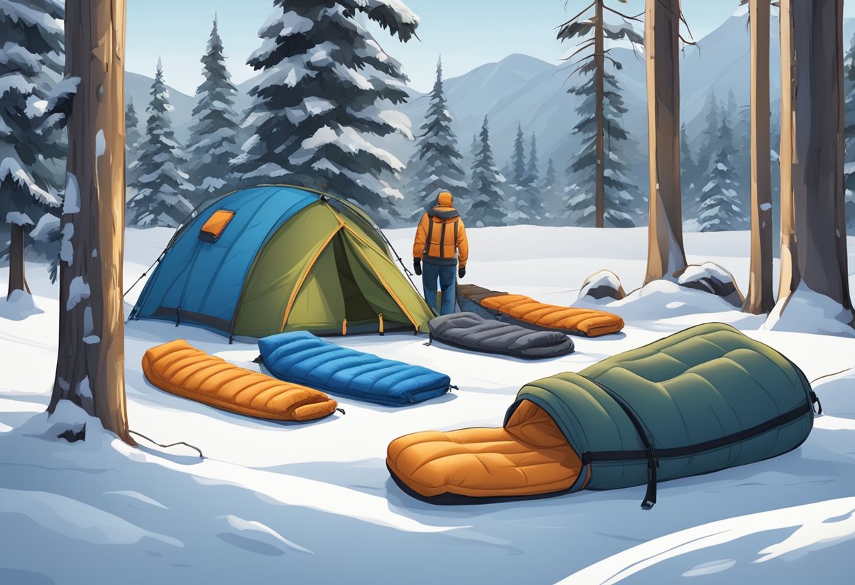 A group of heavy-duty, insulated sleeping bags are laid out in a snowy campsite, surrounded by winter gear and a flickering campfire