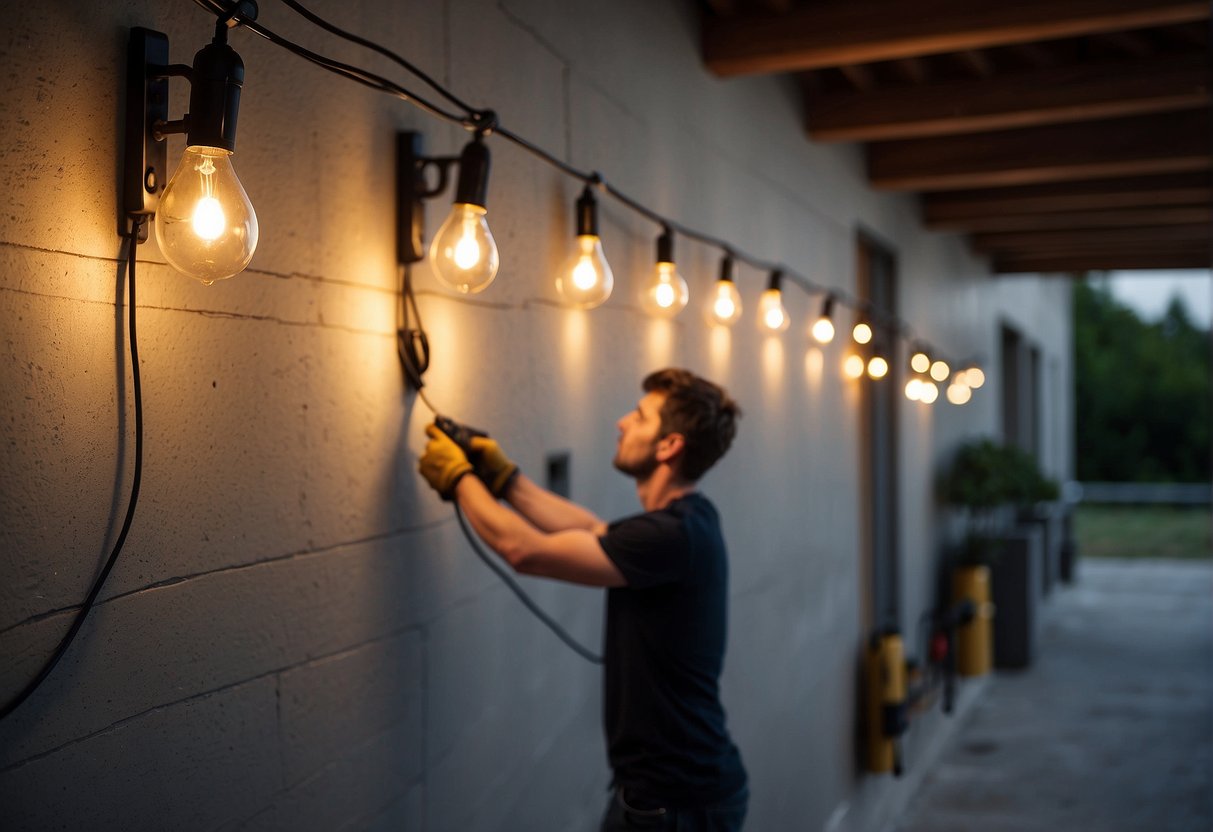 Outdoor string lights hang from hooks on concrete wall, with a person holding a set of lights and a drill for installation