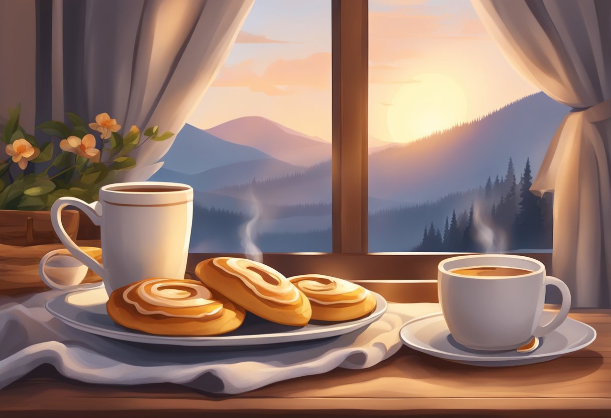 Hygge Eating: Cozy table with warm lighting, surrounded by soft blankets and pillows. A steaming mug of tea and a plate of homemade pastries create a sense of comfort and relaxation