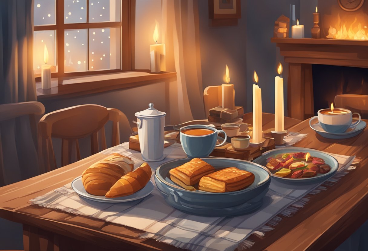 Hygge Eating: A cozy table with a steaming mug, flickering candles, and a warm, inviting meal. Soft blankets and a crackling fire complete the scene