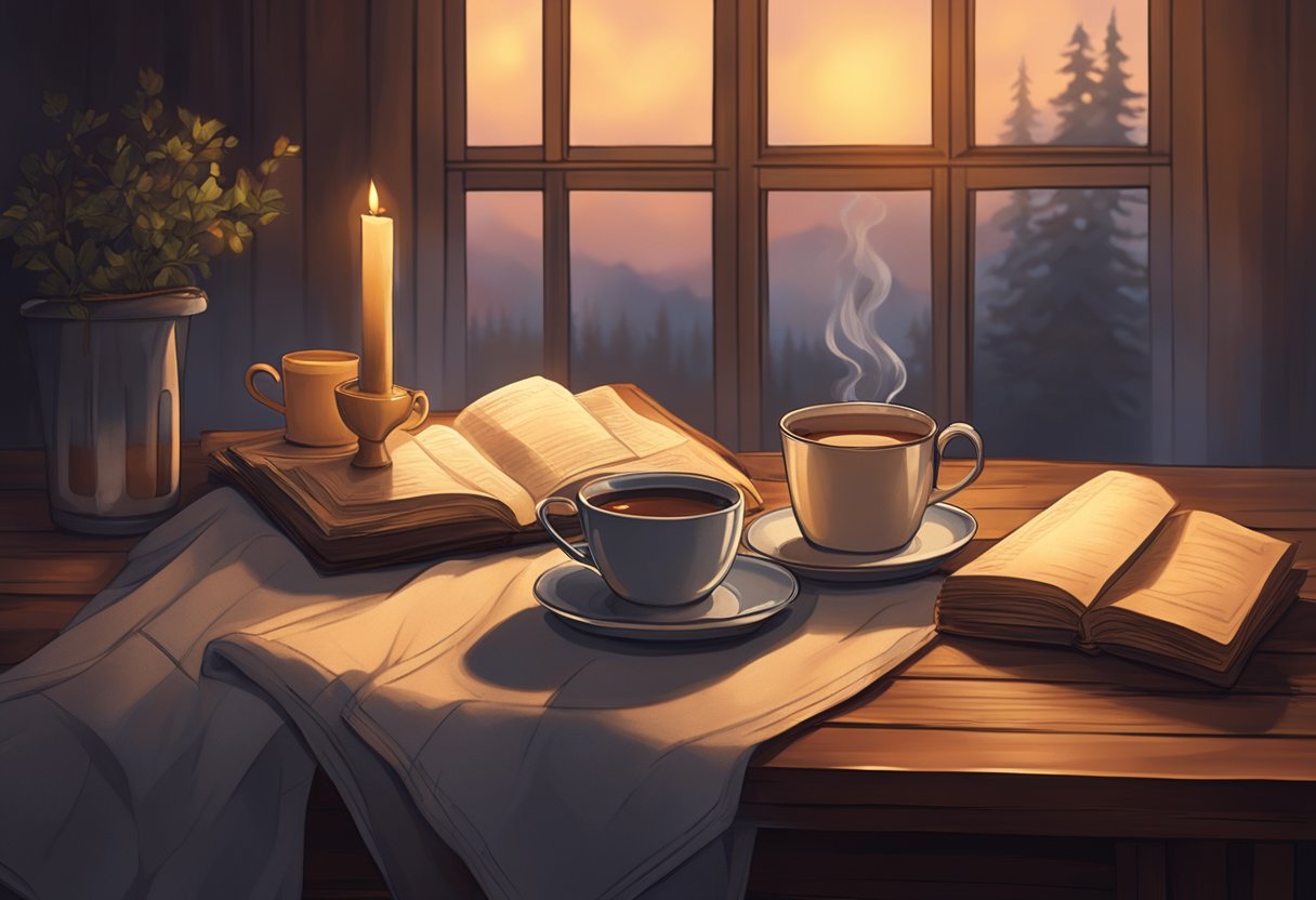 Hygge Eating: A warm, dimly lit room with soft blankets, flickering candles, and a steaming cup of tea on a rustic table