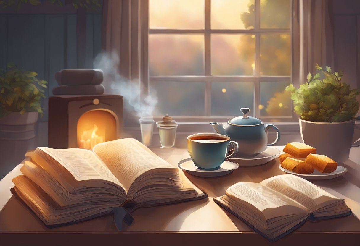 Hygge Eating: A cozy table set with warm, nourishing foods, soft lighting, and a steaming cup of tea. A book and a blanket add to the feeling of comfort and mindfulness