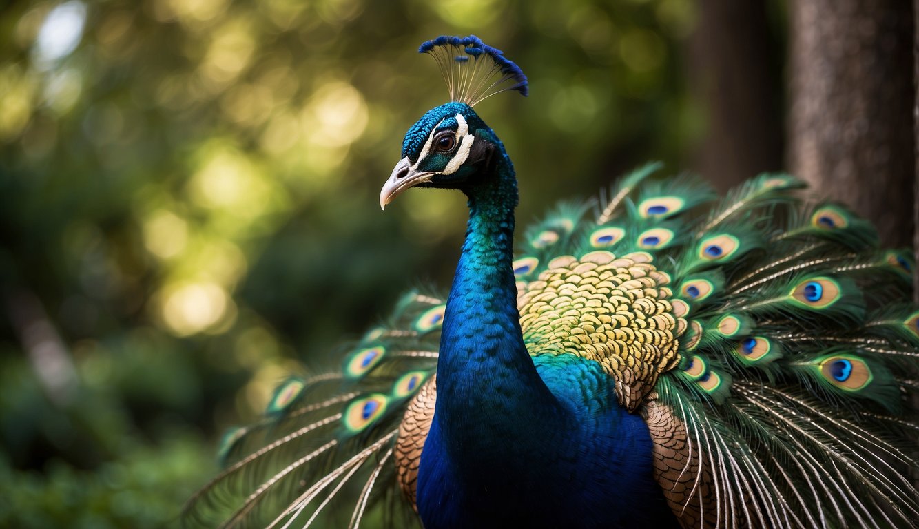 A peacock proudly displays vibrant feathers, shimmering in the sunlight, as it struts through a lush garden