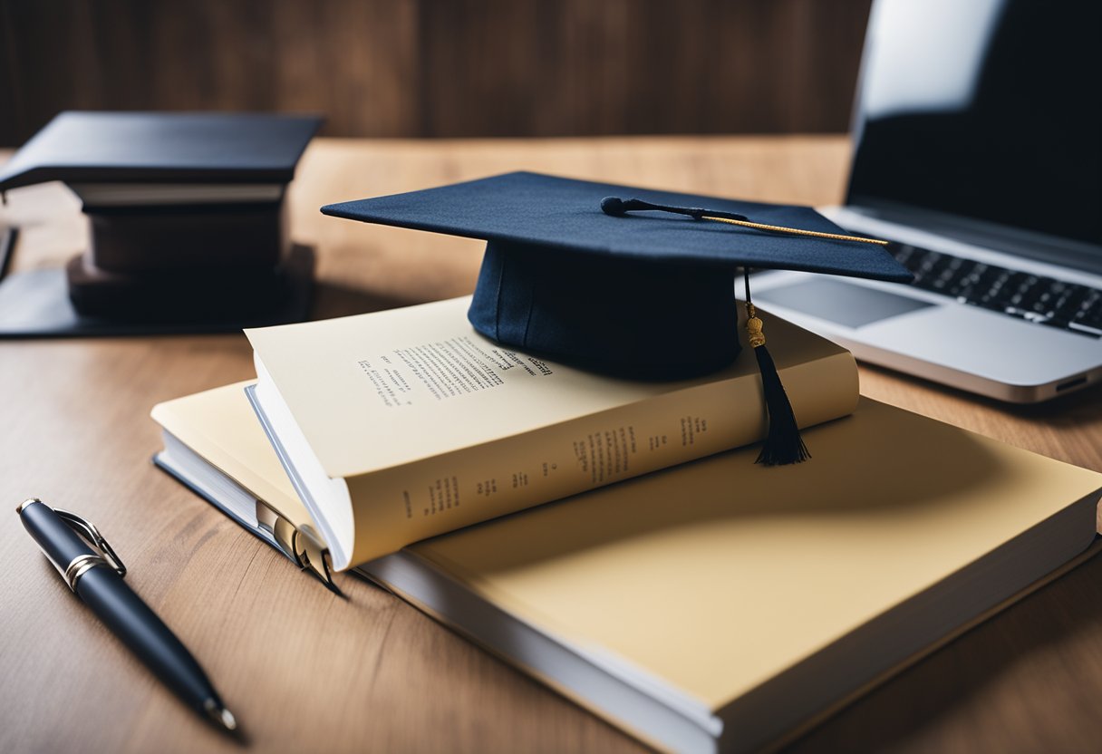 A stack of books and a graduation cap on a desk, surrounded by a laptop, notebook, and pen. A list of scholarship criteria and tips is displayed on the computer screen