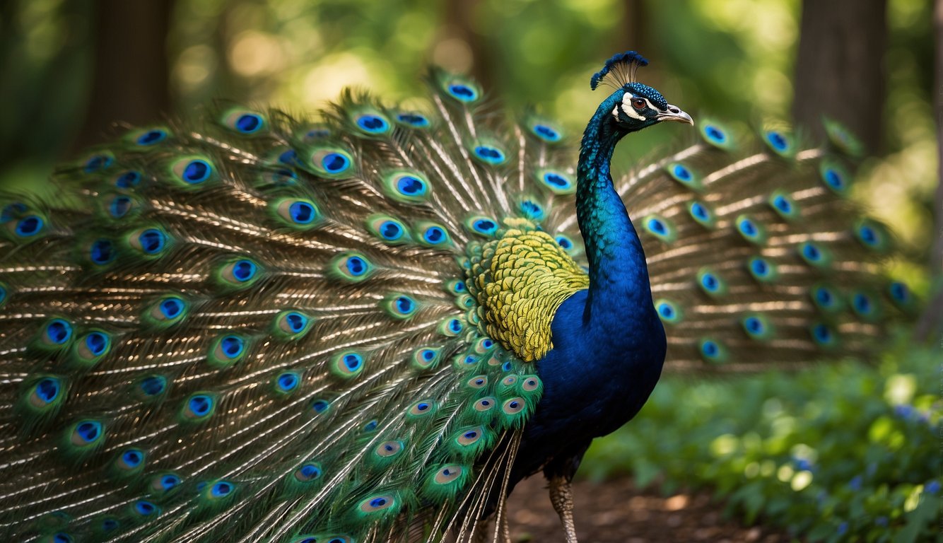 A group of peacocks strut through a lush, green forest, their vibrant feathers shimmering in the sunlight.

The iridescent blues, greens, and golds create a mesmerizing display, captivating the onlooker's gaze