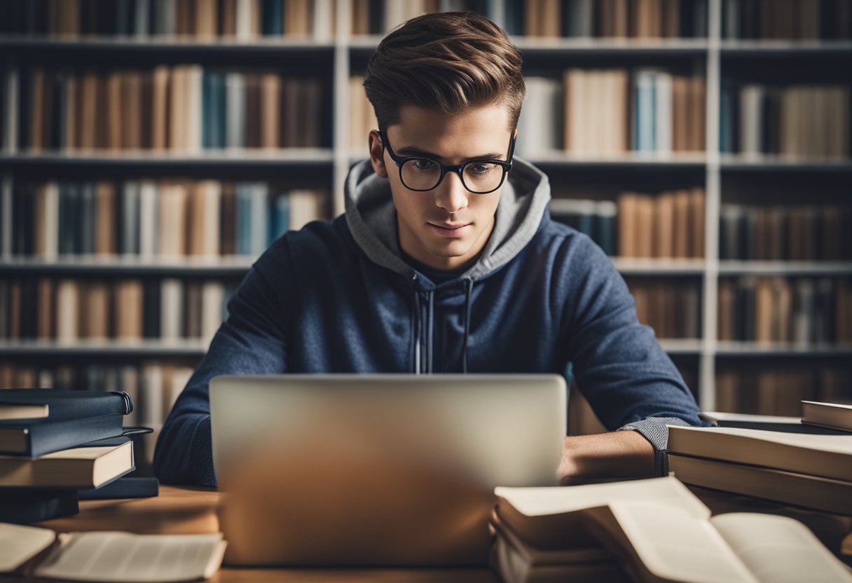 A student surrounded by books and a laptop, researching and writing scholarship applications with determination and focus