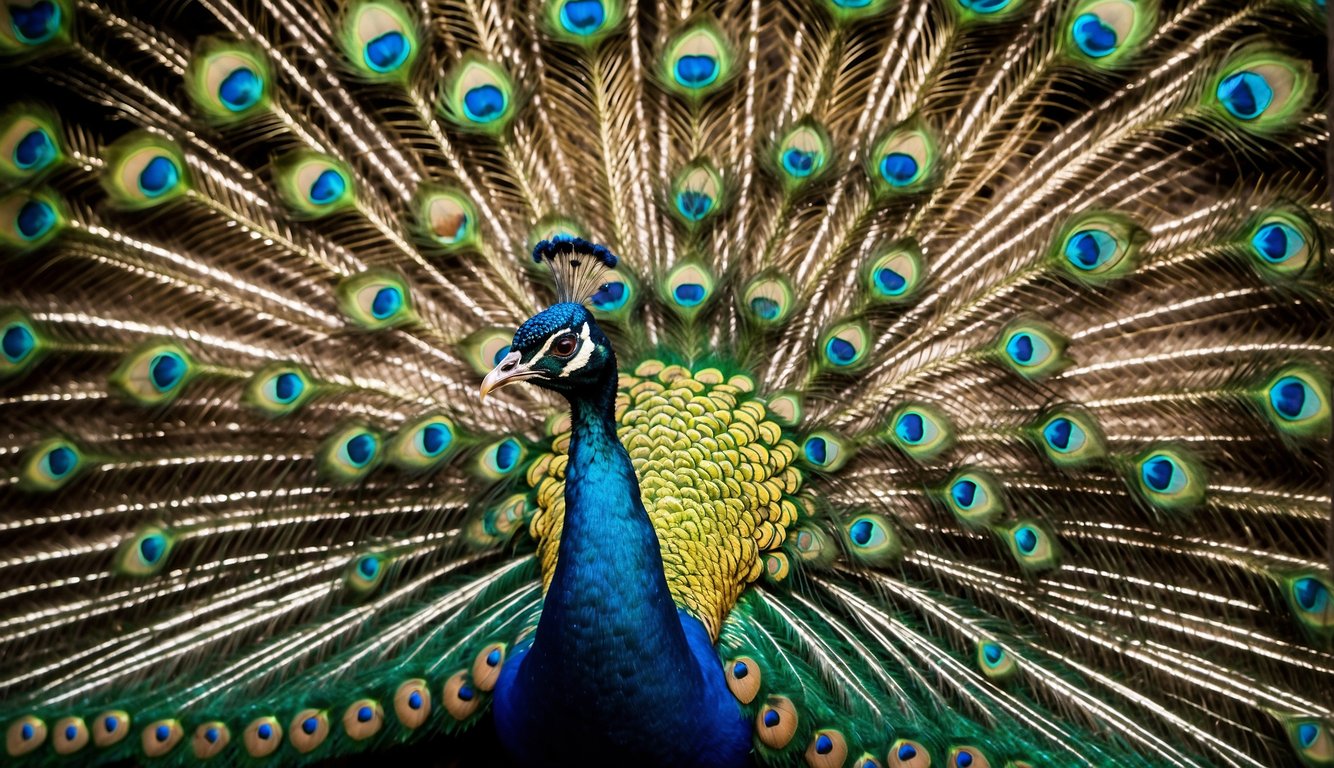 A peacock displays its vibrant feathers, showcasing the intricate patterns and iridescent hues.

Surrounding foliage and sunlight enhance the bird's natural beauty