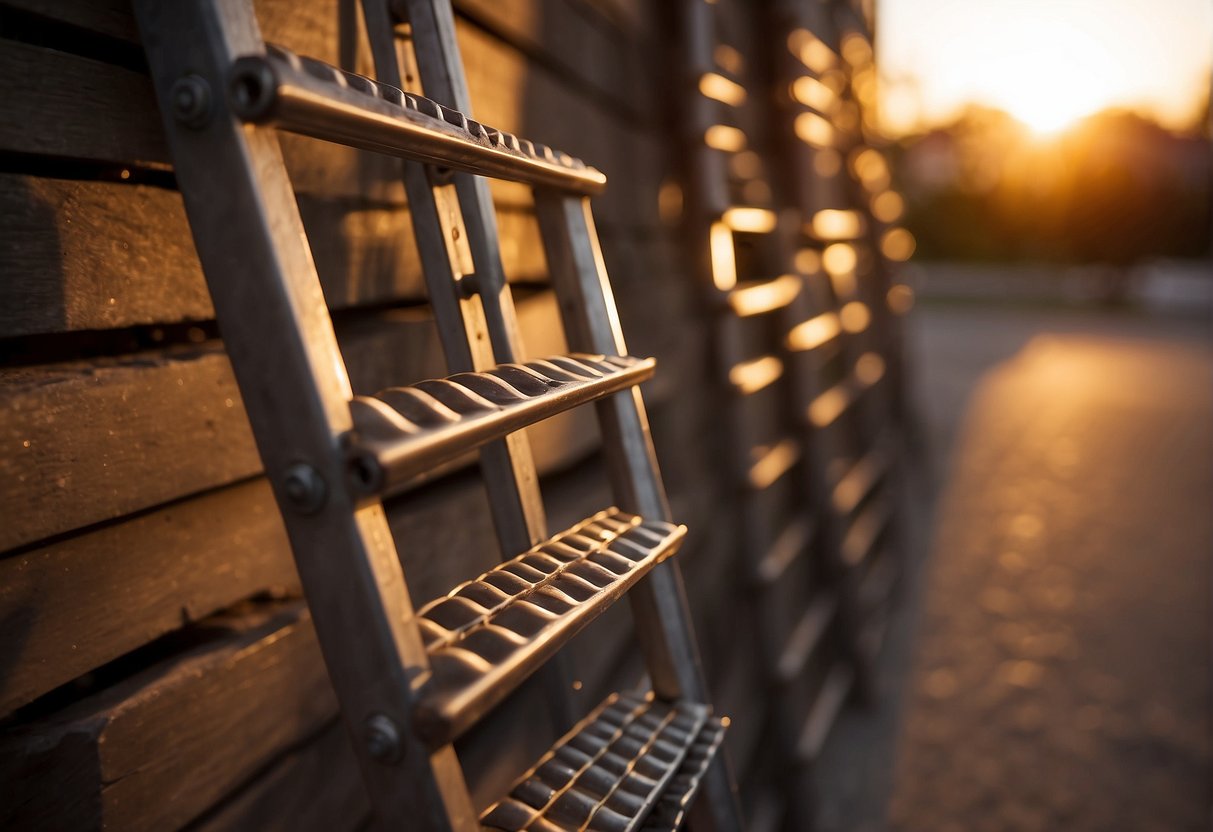 A ladder leans against a wall, outdoor lights in hand. A drill and screws lay nearby. The sun sets, casting a warm glow on the scene