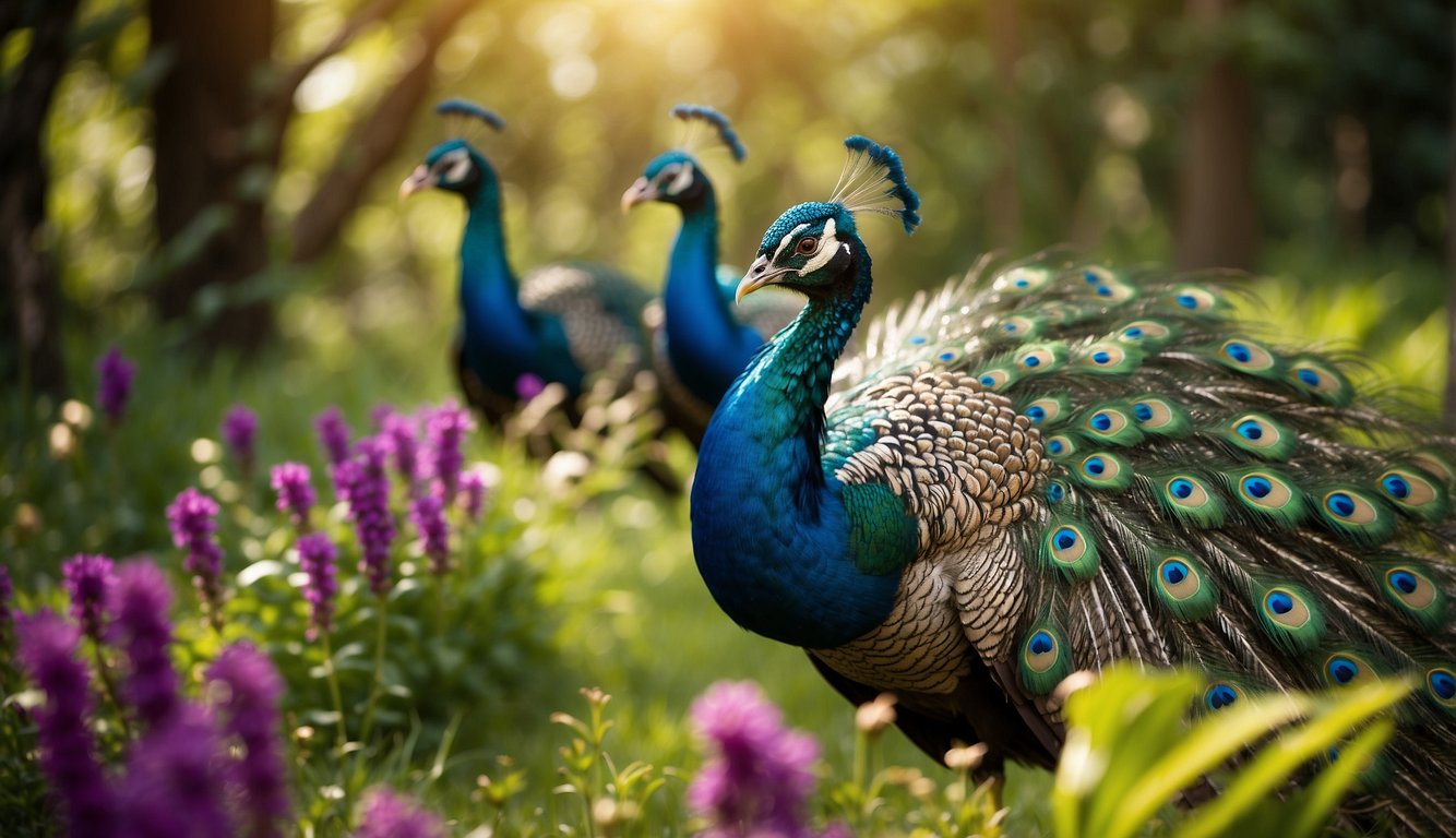 A group of vibrant peacocks strutting through a lush, wild landscape, their colorful feathers shimmering in the sunlight
