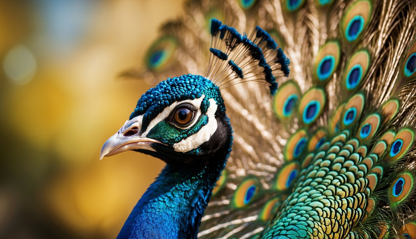 A peacock proudly displays its vibrant feathers, shimmering in the sunlight.

The intricate patterns and colors captivate onlookers, sparking curiosity about the mysteries behind their plumage