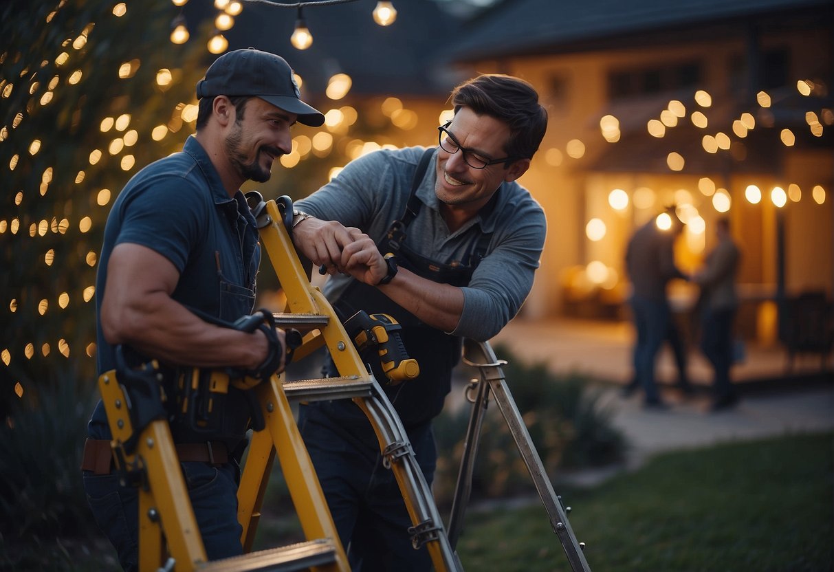 An individual is on a ladder, adjusting outdoor lights on a string, while another person holds the other end. They are surrounded by various tools and equipment