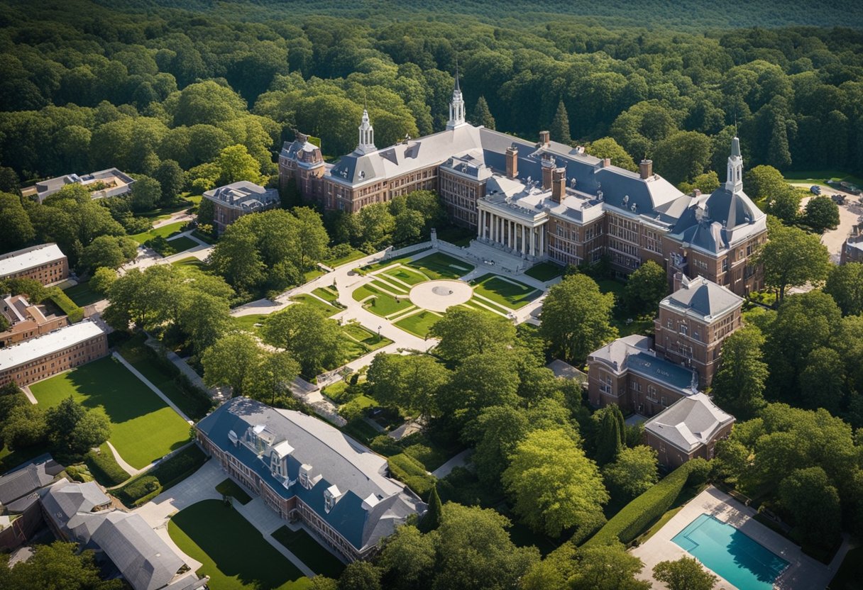 Aerial view of prestigious prep schools in America, surrounded by lush greenery and grand architecture, with students bustling between classes