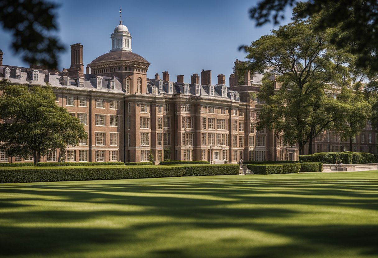 A row of prestigious prep schools lined up, each with grand buildings and manicured lawns, showcasing their leading status in American education