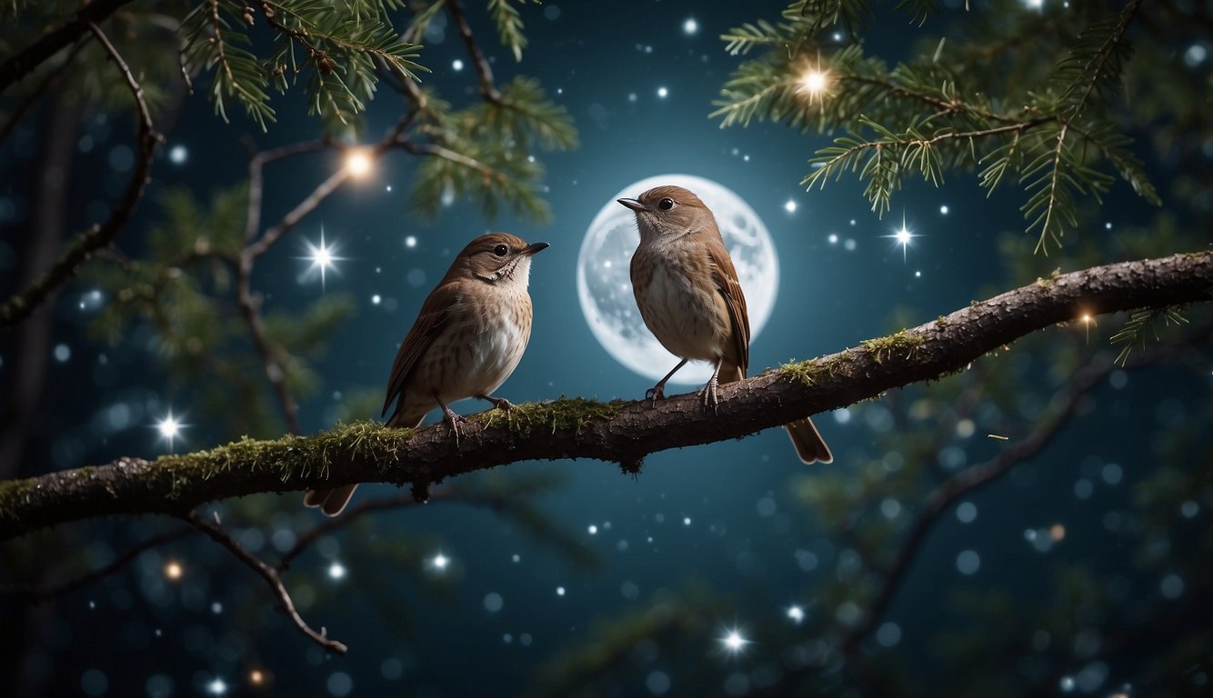 A moonlit forest, with a canopy of stars overhead.

A nightingale perched on a branch, its beak open in song
