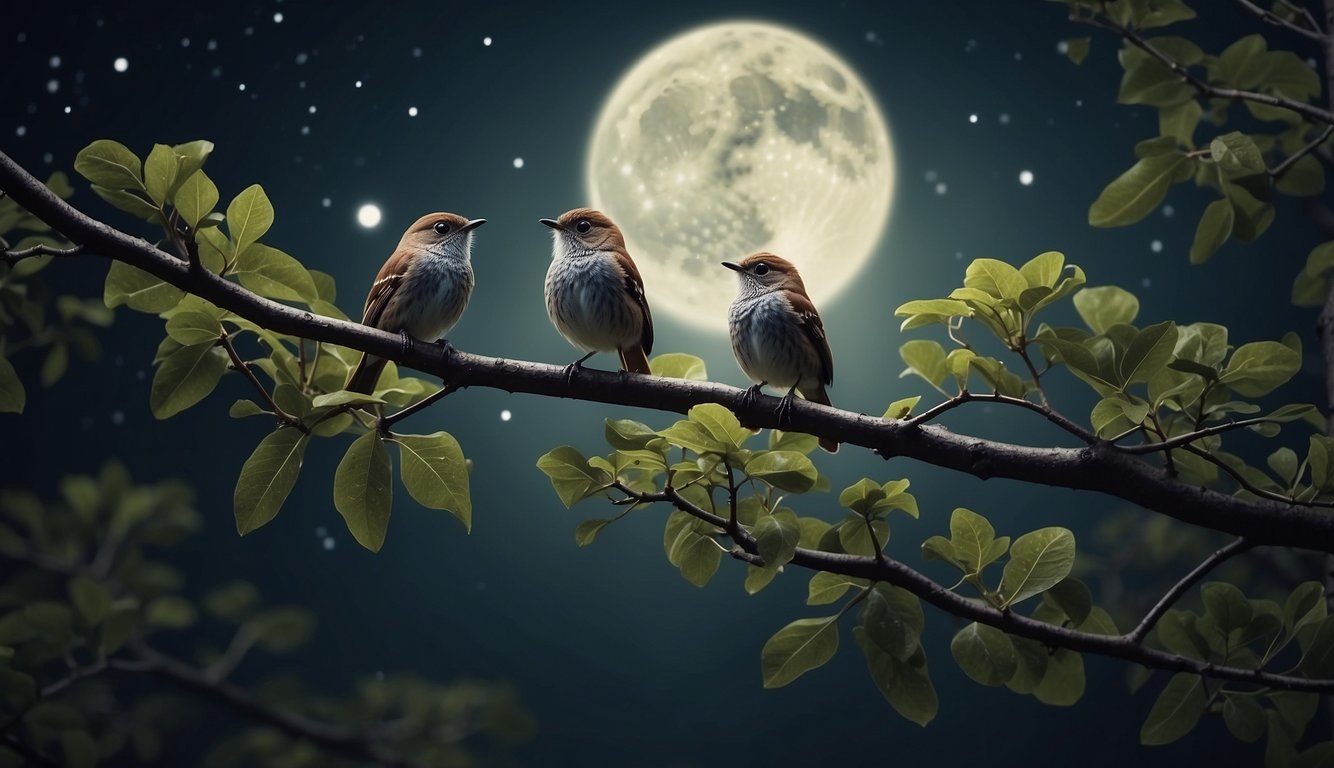 Nightingales perched on moonlit branches, their melodious songs filling the still night air with enchanting mystery