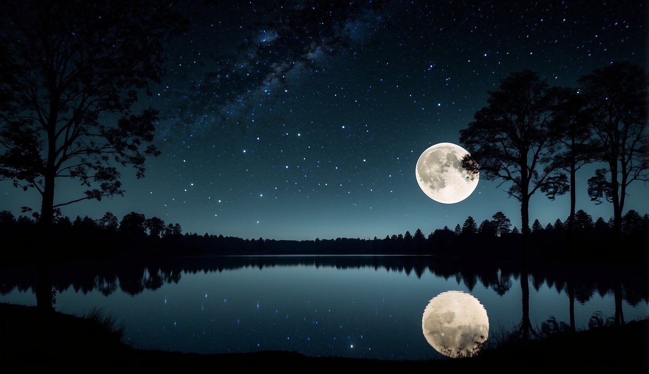 A moonlit forest with a clear night sky, a tranquil pond reflecting starlight, and the silhouette of trees filled with the sound of nightingales singing
