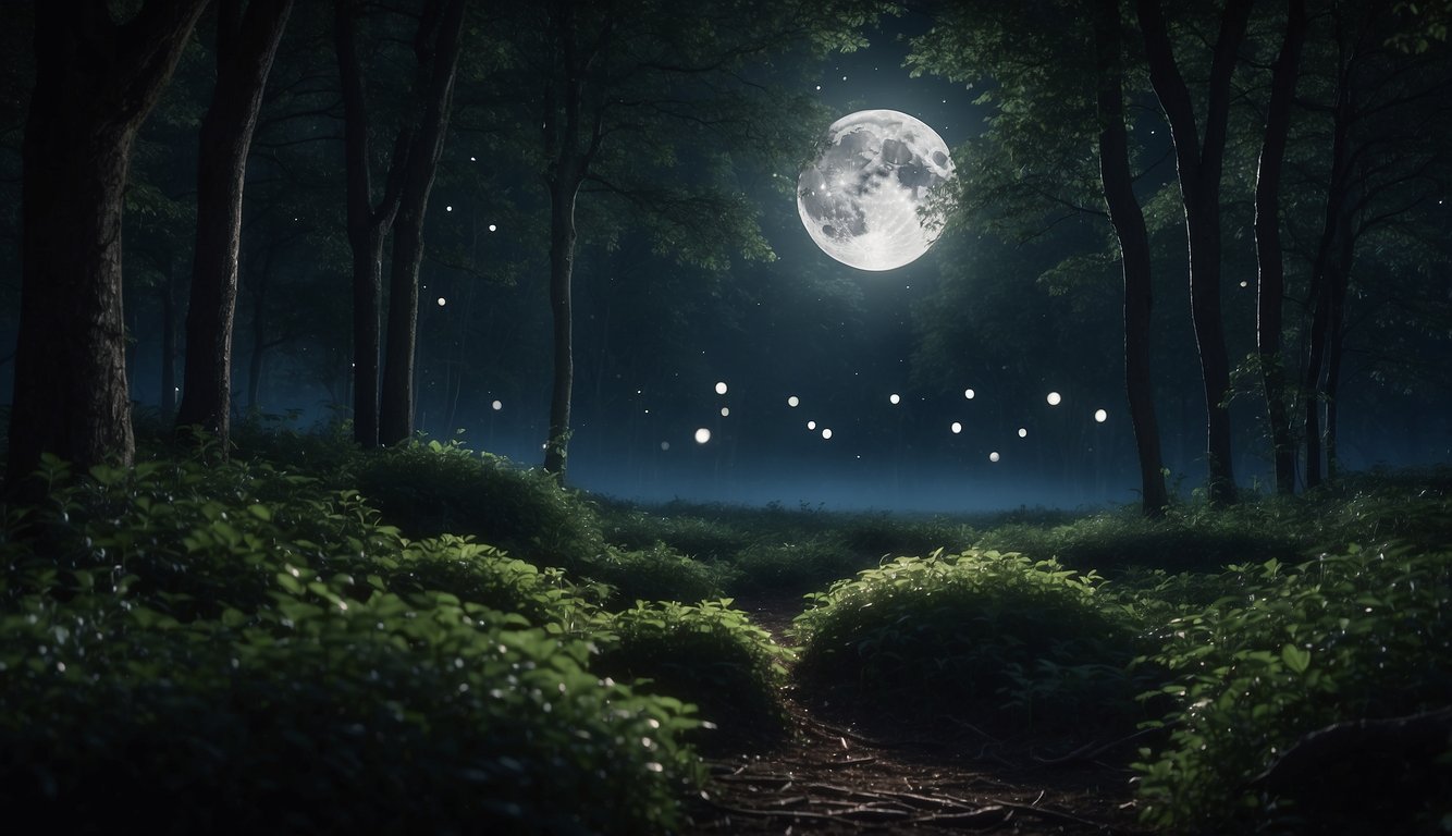 The moonlit forest is alive with the enchanting melodies of nightingales, their sweet songs echoing through the darkness