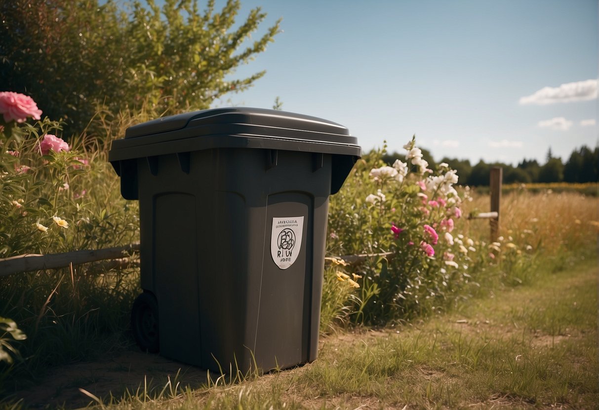 A person places outdoor trash cans behind a wooden fence, surrounded by tall bushes and flowers, to hide them from view