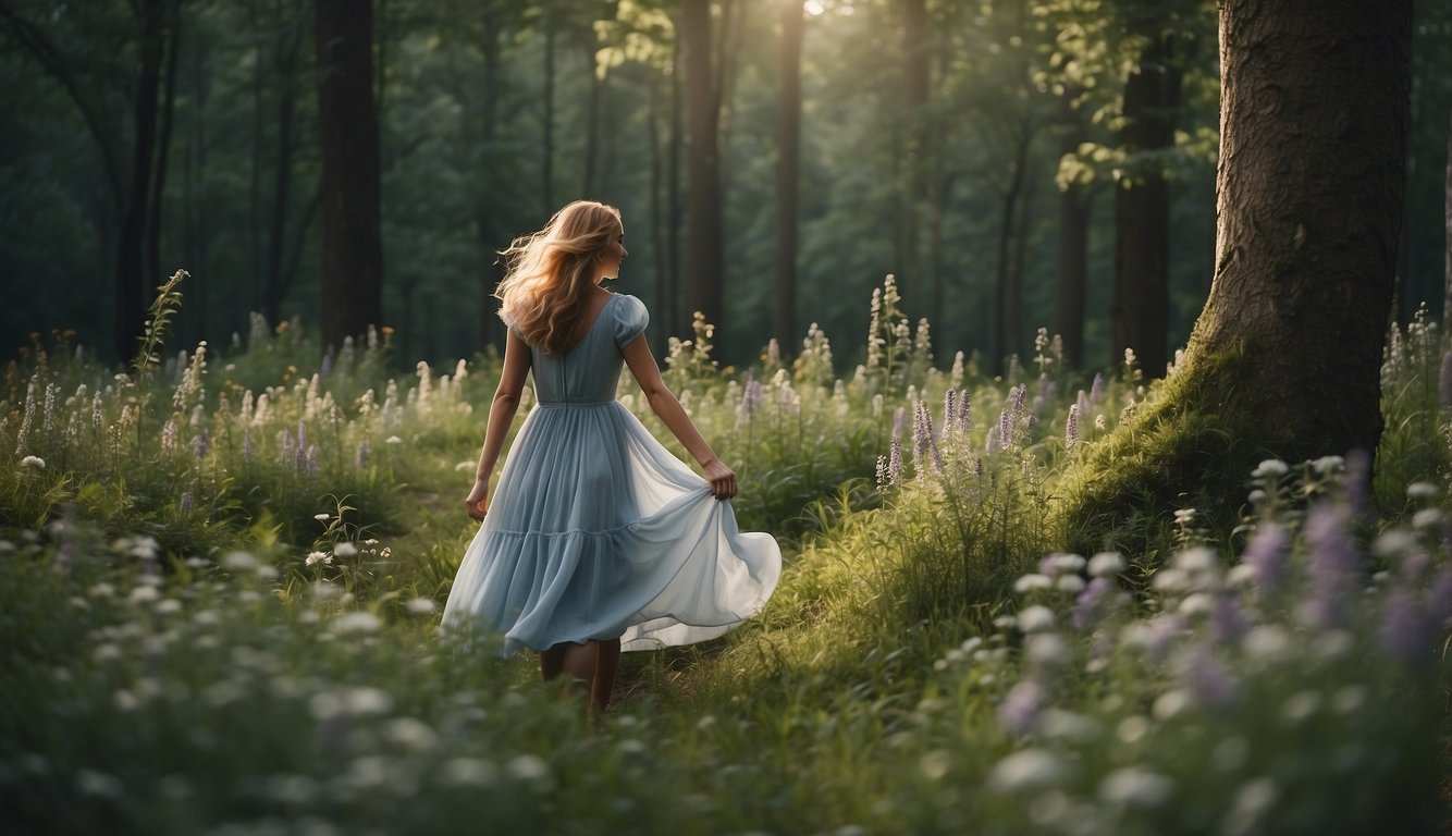 A woman in a flowing dress gathers false unicorn root in a forest clearing, surrounded by lush greenery and wildflowers