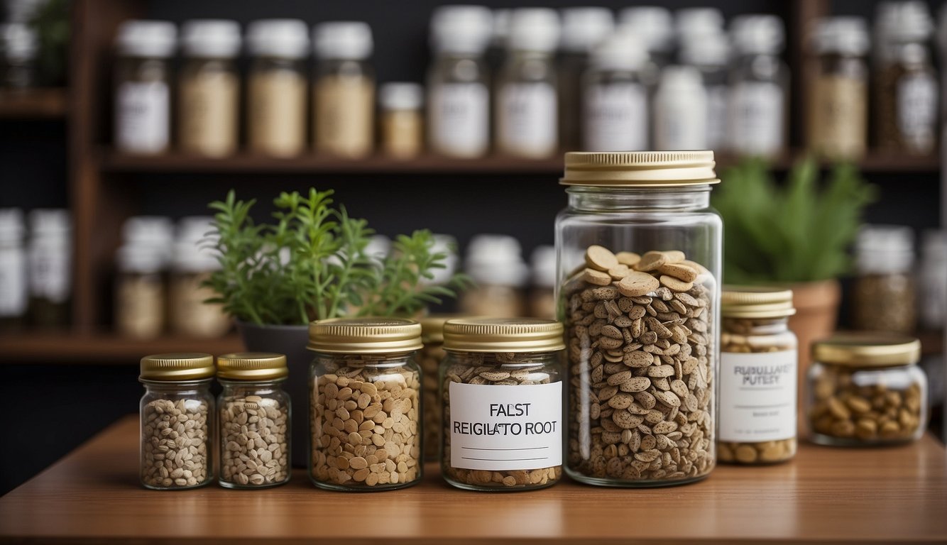A jar of false unicorn root labeled "Regulatory Status" sits on a shelf, surrounded by other herbal supplements