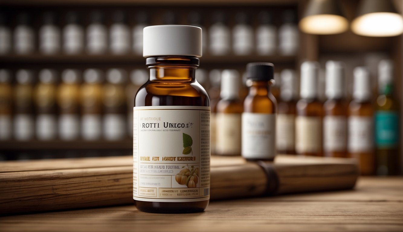 A bottle of false unicorn root extract sits on a shelf, surrounded by informative labels and packaging