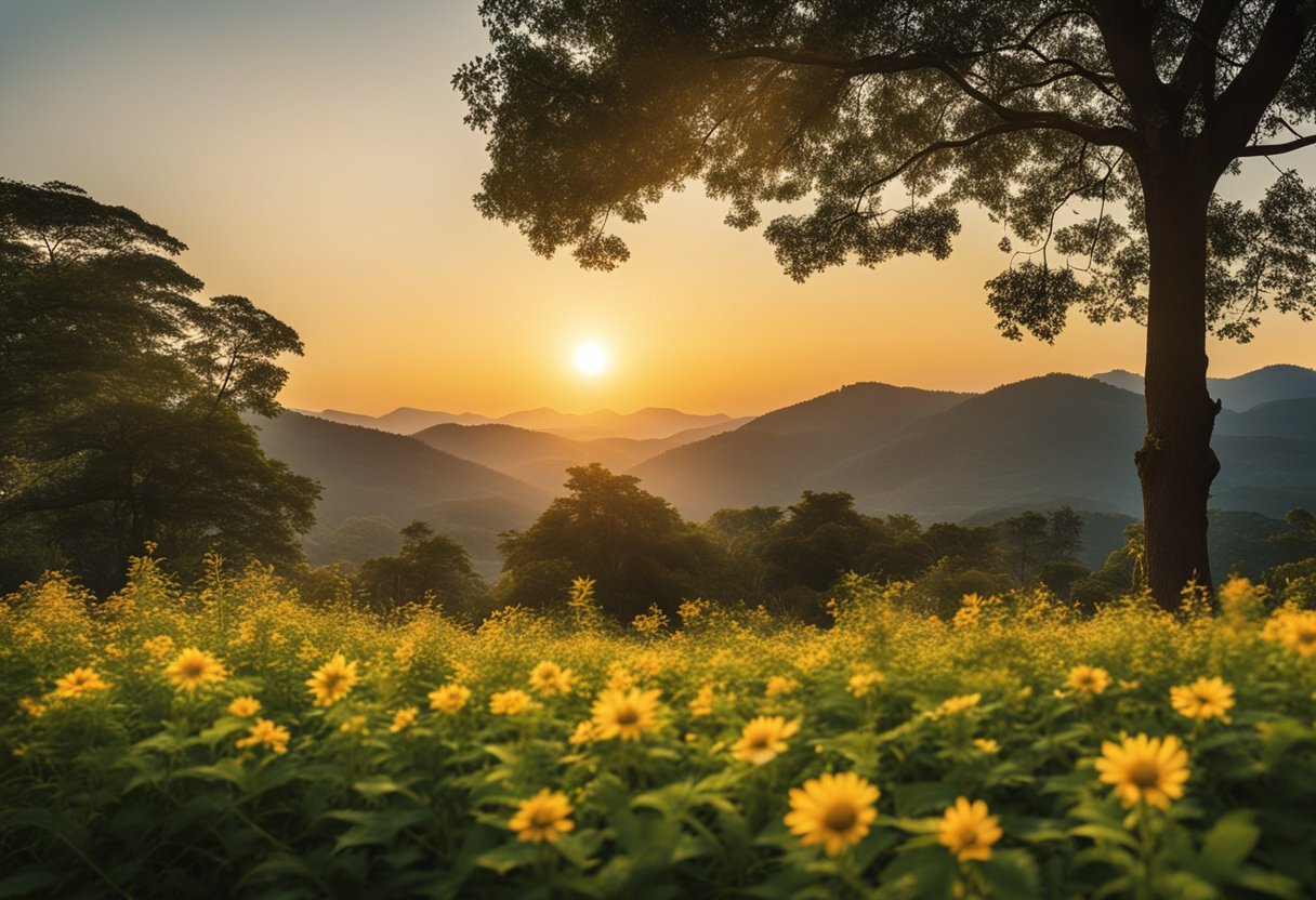 A vibrant sunrise over a serene landscape, with a clear blue sky and lush greenery. The sun's rays energize the surroundings, symbolizing the body's transition into ketosis