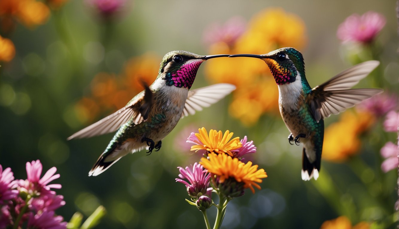 Colorful hummingbirds darting among vibrant flowers, their wings beating rapidly as they hover in mid-air
