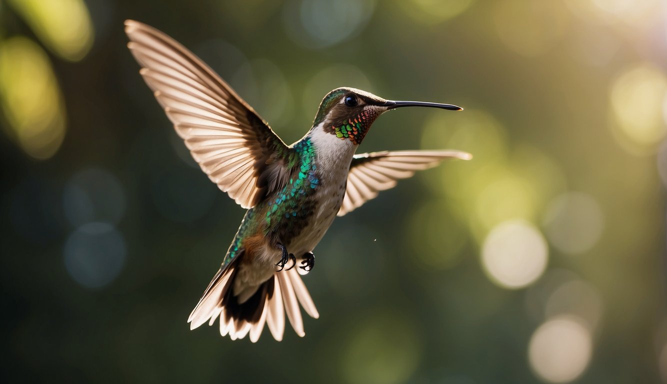 A hummingbird hovers mid-air, wings beating rapidly, body stable, tail feathers spread.

The bird's iridescent colors shimmer in the sunlight as it moves with precision and grace