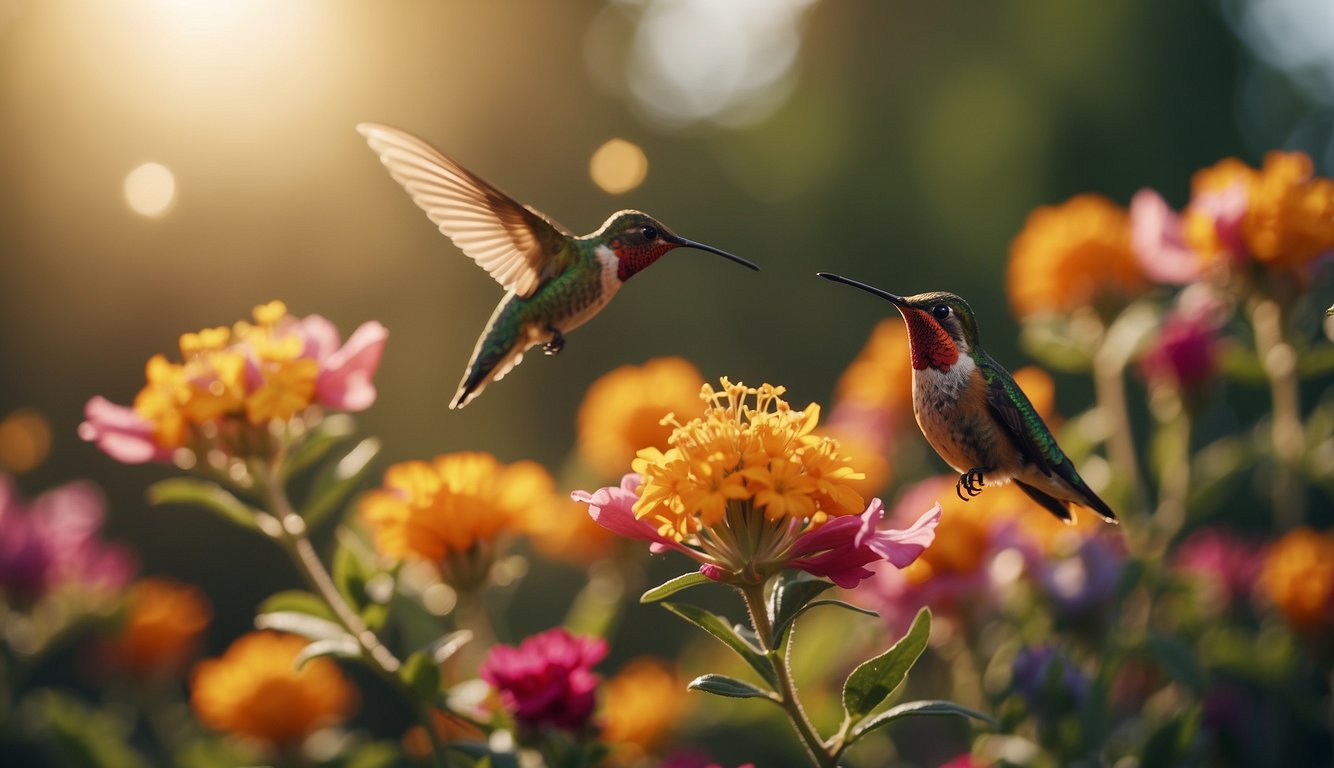 A group of hummingbirds hover around a cluster of vibrant flowers, their wings beating rapidly as they dart from bloom to bloom.

The sun shines down, casting a warm glow on the scene