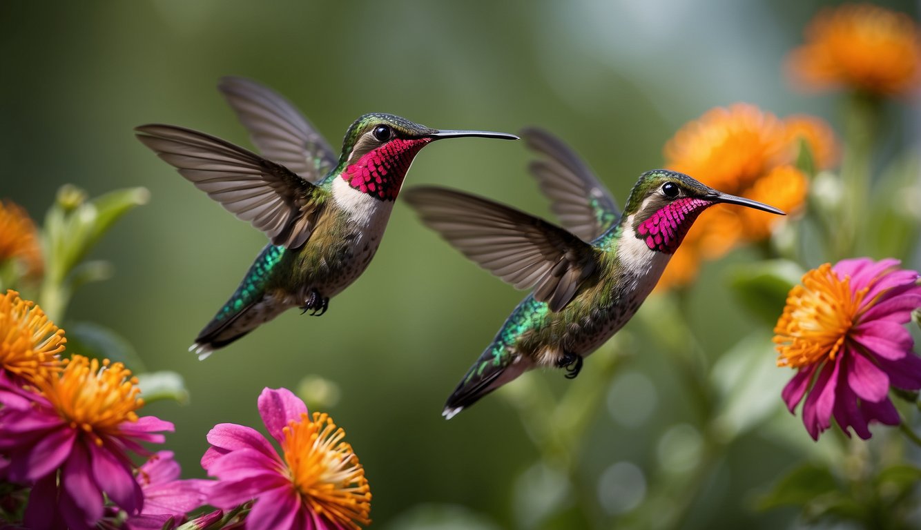 A group of hummingbirds darting and hovering around a cluster of vibrant flowers, their wings beating rapidly as they move with precision and agility