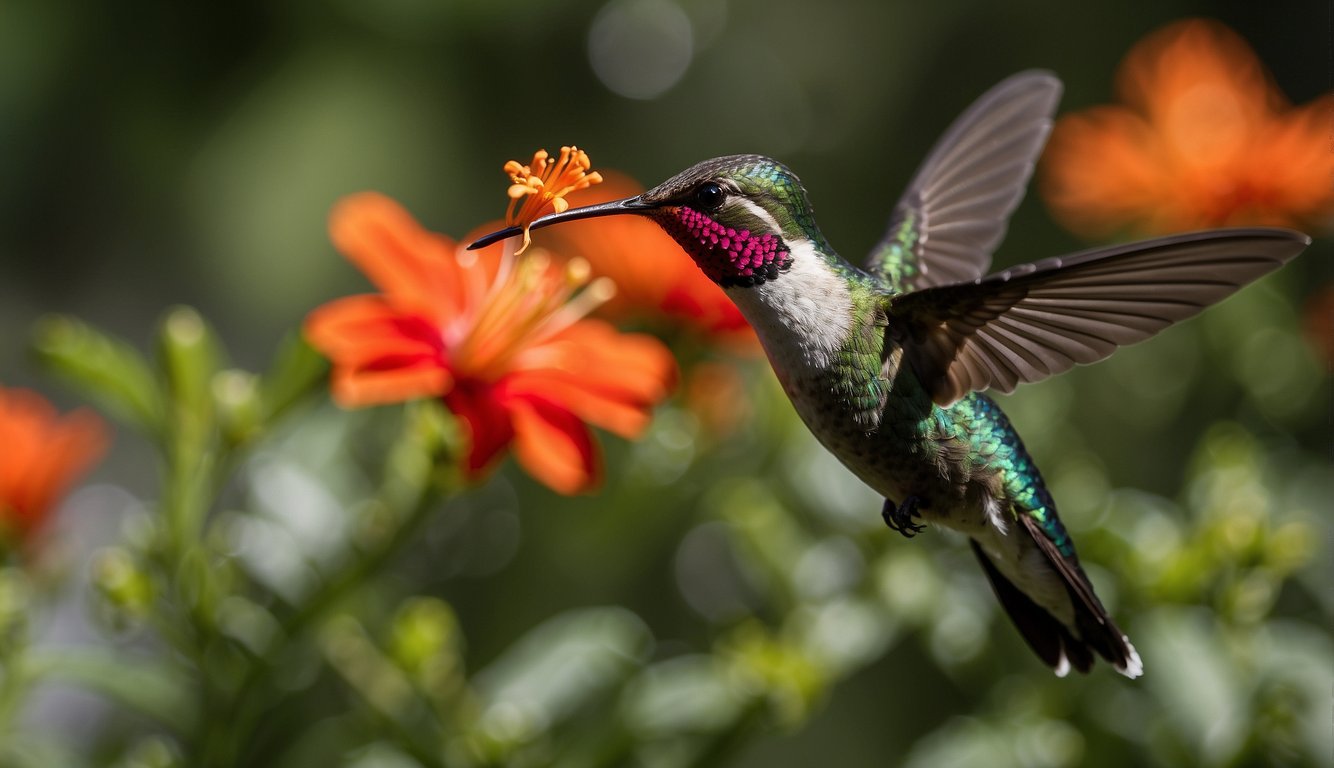 A hummingbird hovers mid-air, wings beating rapidly.

Its body is still as it delicately sips nectar from a bright red flower. The background is a lush garden with vibrant colors