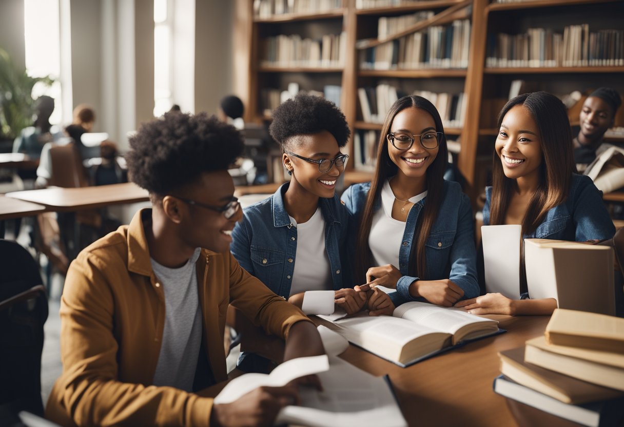 A diverse group of students studying together, surrounded by books and educational resources, with a university scholarship banner displayed prominently