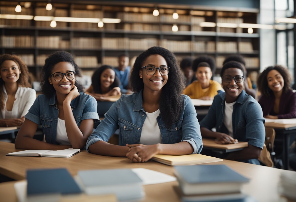 A diverse group of students, each with unique backgrounds, are gathered in a university setting. They are all engaged in learning and pursuing their academic goals with the support of scholarships