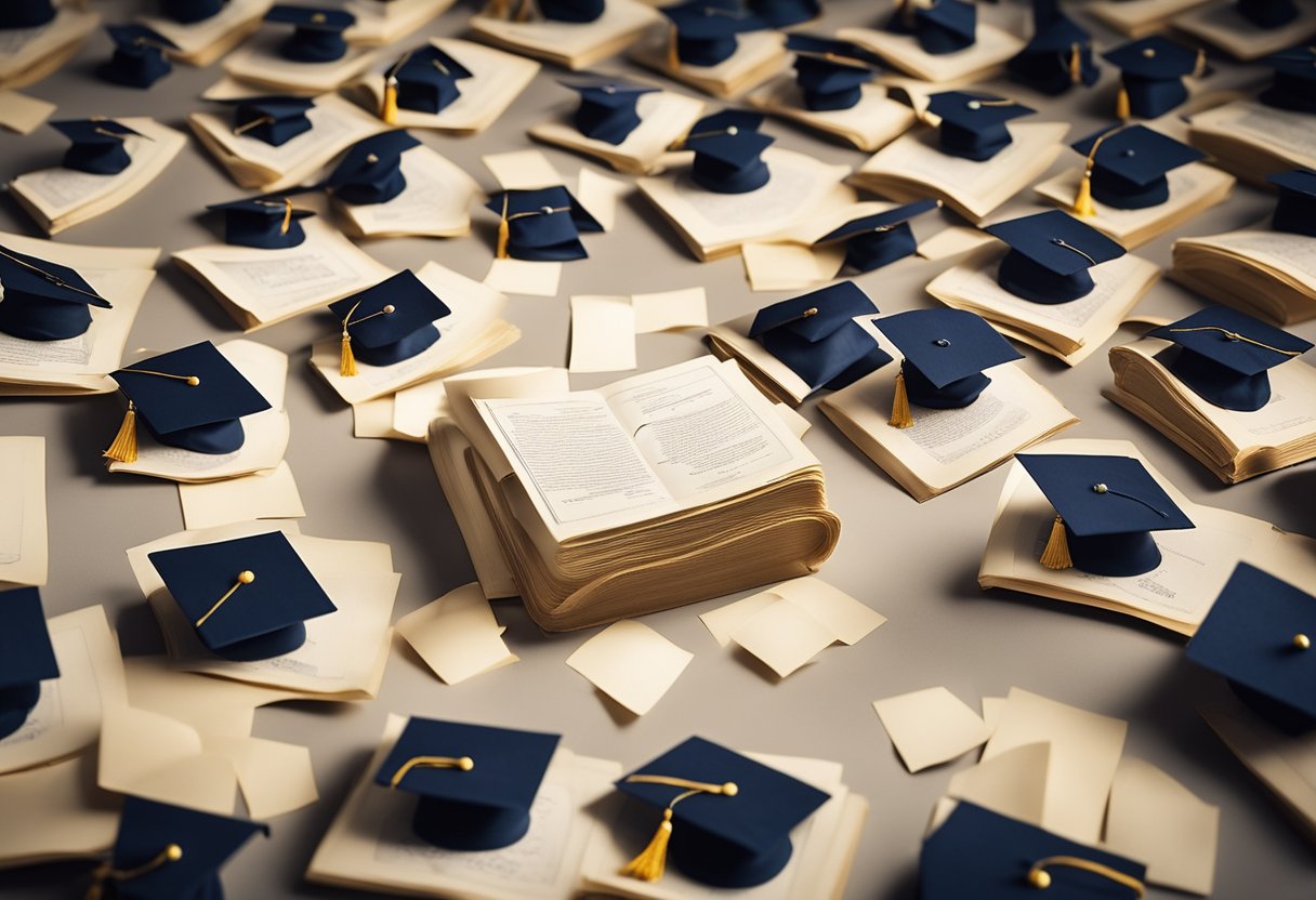 A diverse group of students from different backgrounds are gathered around a symbolic scale, representing equity in education. A spotlight shines on a stack of university scholarship certificates, emphasizing their importance