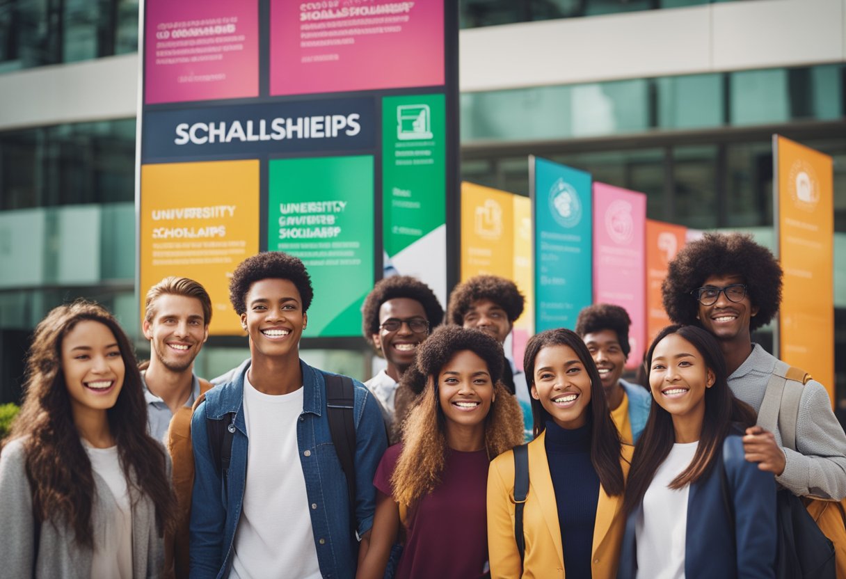 A diverse group of students eagerly gather around a large sign displaying information about university scholarships. Bright colors and smiling faces convey a sense of excitement and opportunity