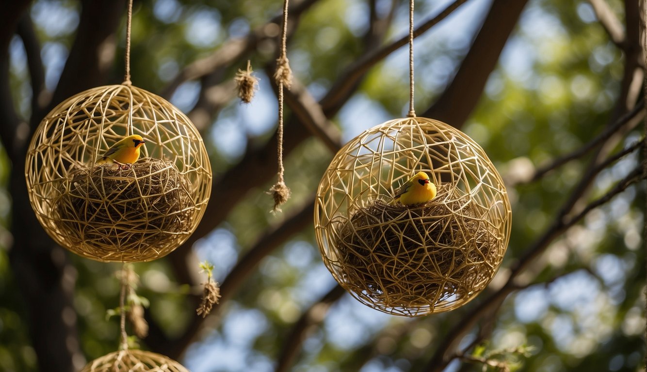 Weaver birds construct intricate nests with grass and twigs, weaving them into elaborate, spherical shapes.

The nests are suspended from tree branches, creating a stunning display of architectural wonders in the natural world
