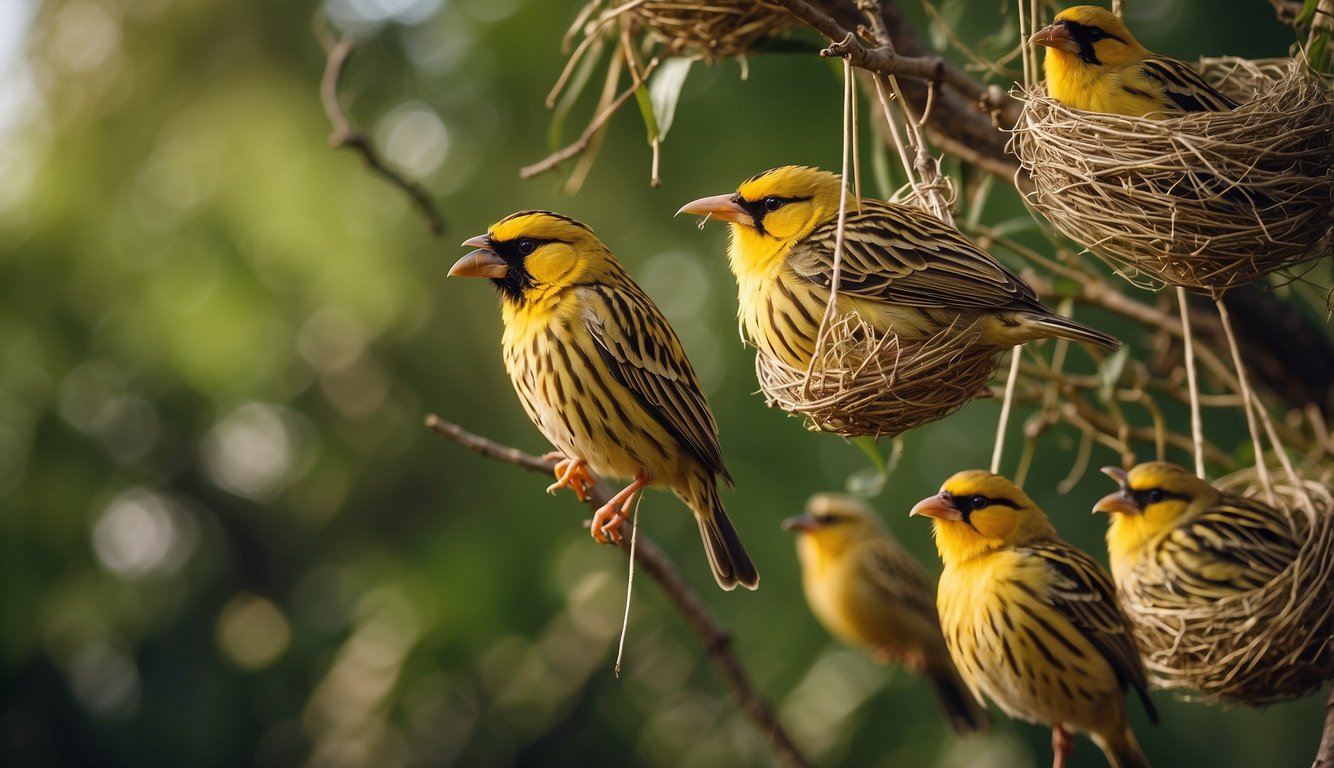 A group of Baya weaver birds meticulously weaving together grass and twigs to create intricate hanging nests in a tree
