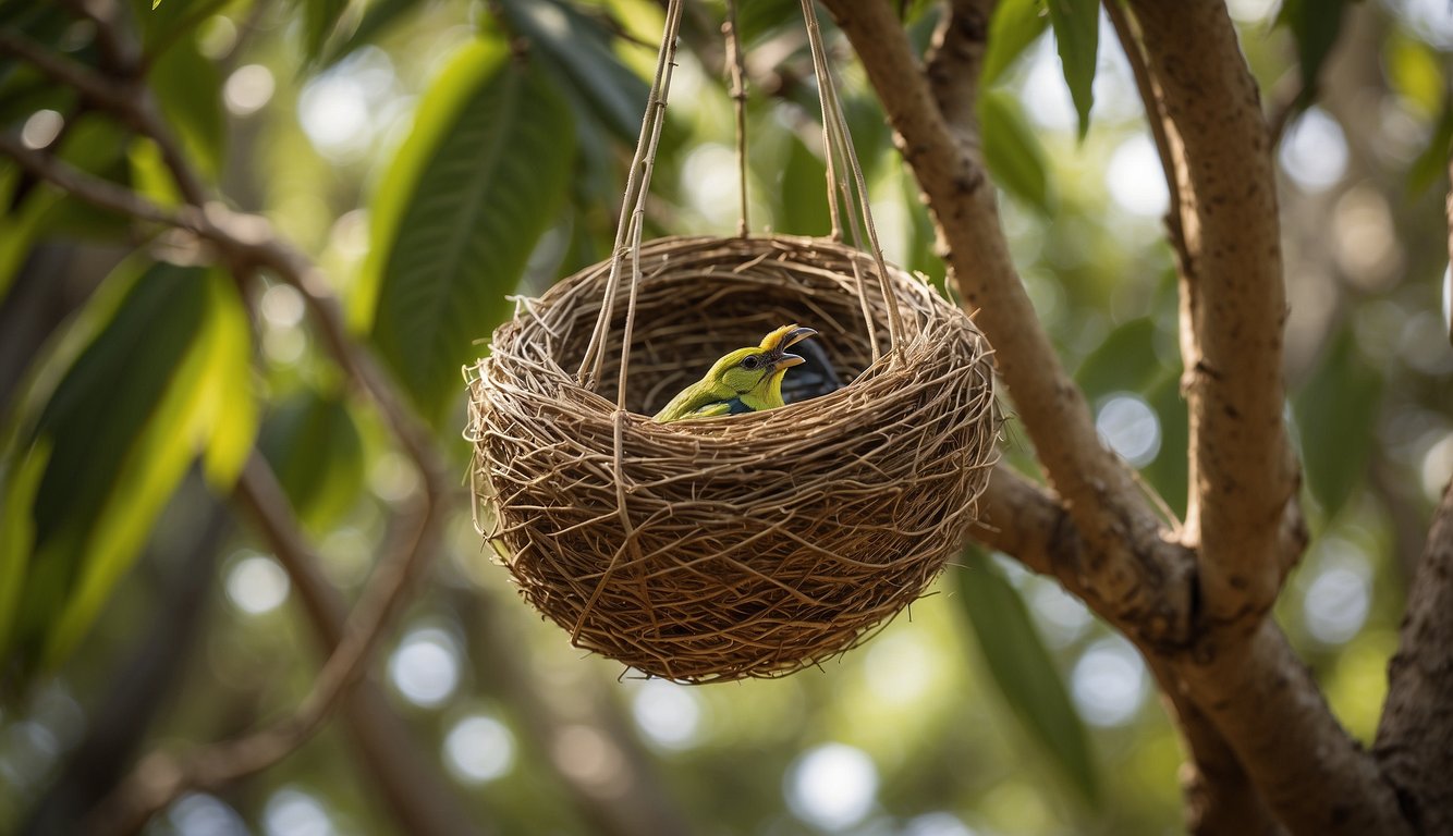 A bustling ecosystem surrounds the intricate nests of weaver birds, perched high in the trees.

The architectural wonders of their woven homes showcase nature's skilled builders in a vibrant display of conservation