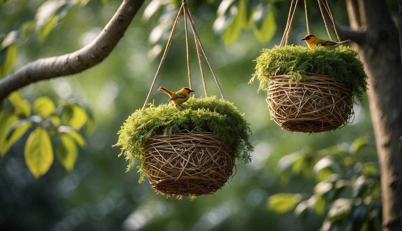 Weaver birds meticulously weaving intricate nests, hanging from tree branches, amidst lush green foliage